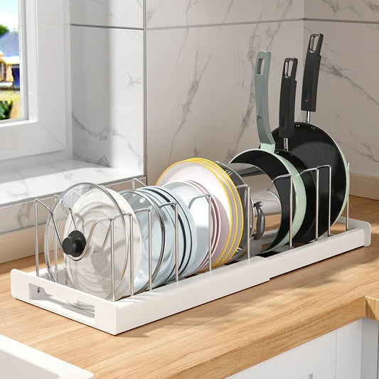 Expandable Kitchen Cabinet Pot Organiser - Adjustable Divider Rack, Multi-Use Storage Solution for Pots, Pans and Lids