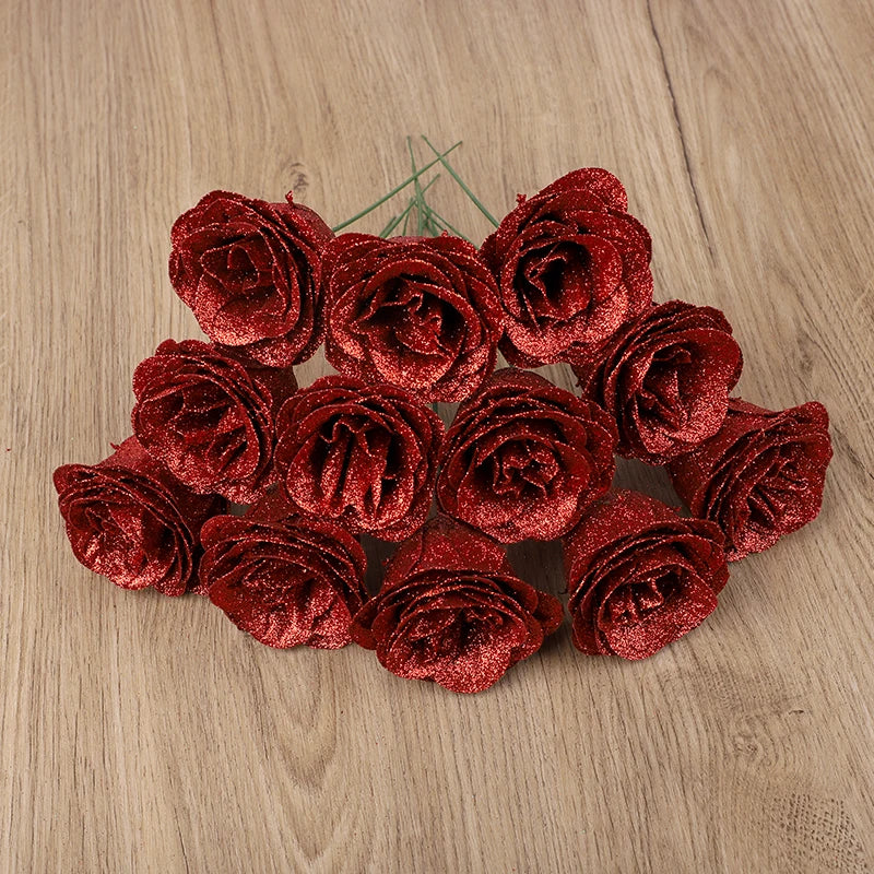 5-20Pcs Red Glitter Artificial Rose Flowers Bouquet Wedding Bridal Shower Decoration Valentines Day Gift Birthday Party Decor
