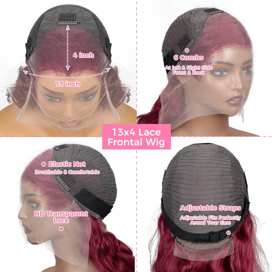 180% Density 13x4 Body Wave Hd Lace Frontal Human Hair Wig For Black Women Pre plucked 99j Lace Front Brazilian burgundy Wigs