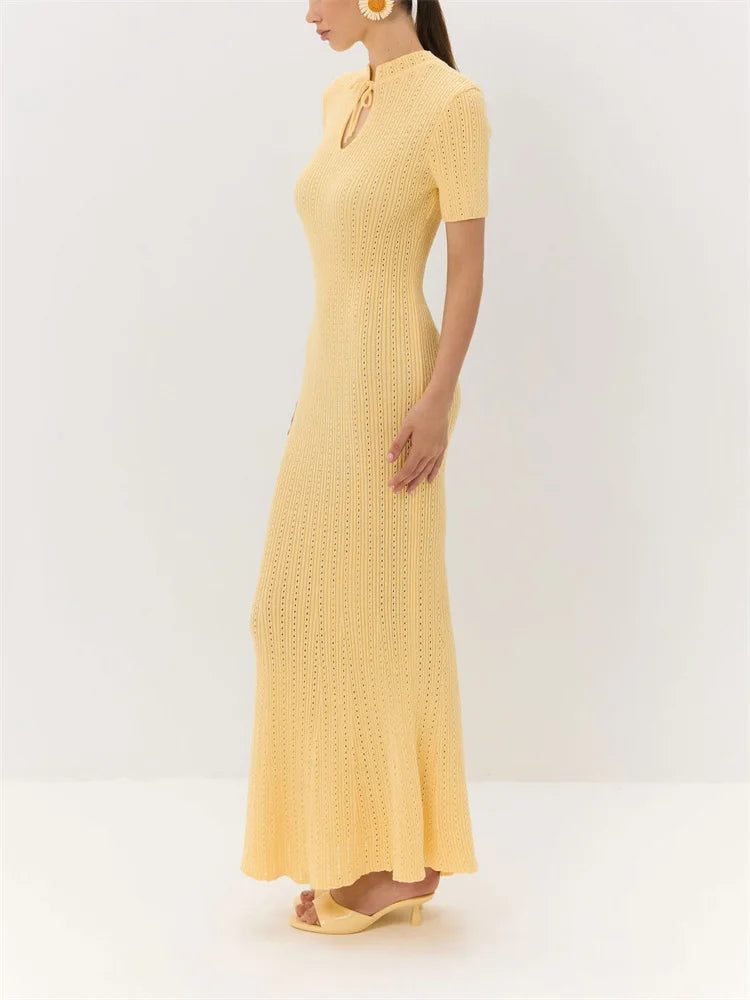 Tossy Women's Knit Lace-Up Dress – Hollow-Out Ribbed Short Sleeve, Patchwork High-Waist Elegant Long Dress