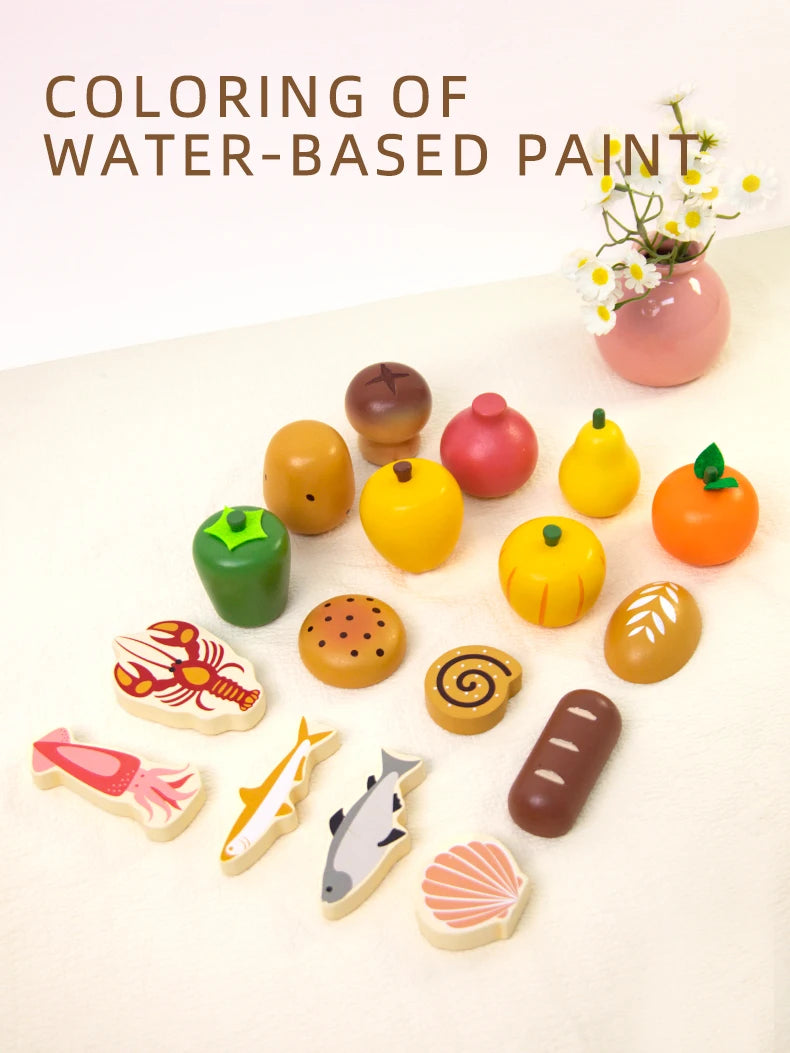 Wooden Pretend Play Kitchen Toys Cutting Food Accessories Set Fruit Vegetable Bakery Meat fish Early Educational Cognition Toys