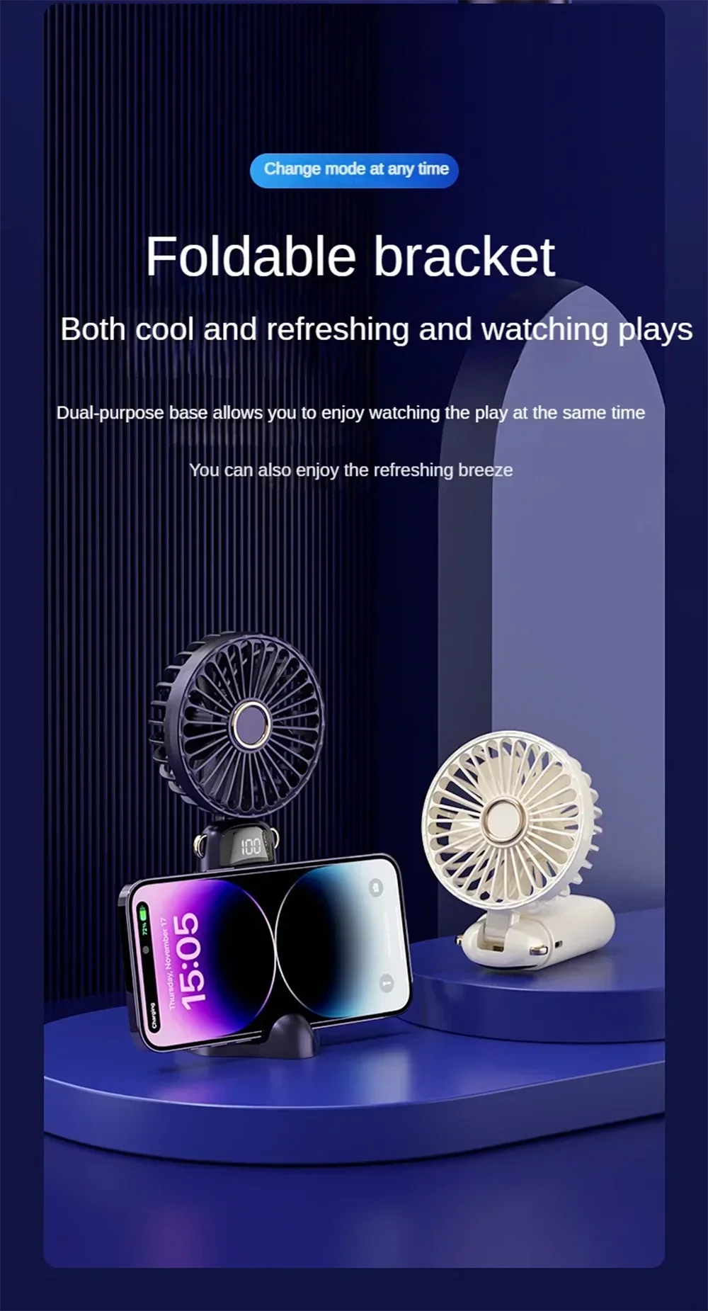 USB Handheld Mini Fan Foldable 5 Speed USB Rechargeable Fan with Phone Stand and Display Screen