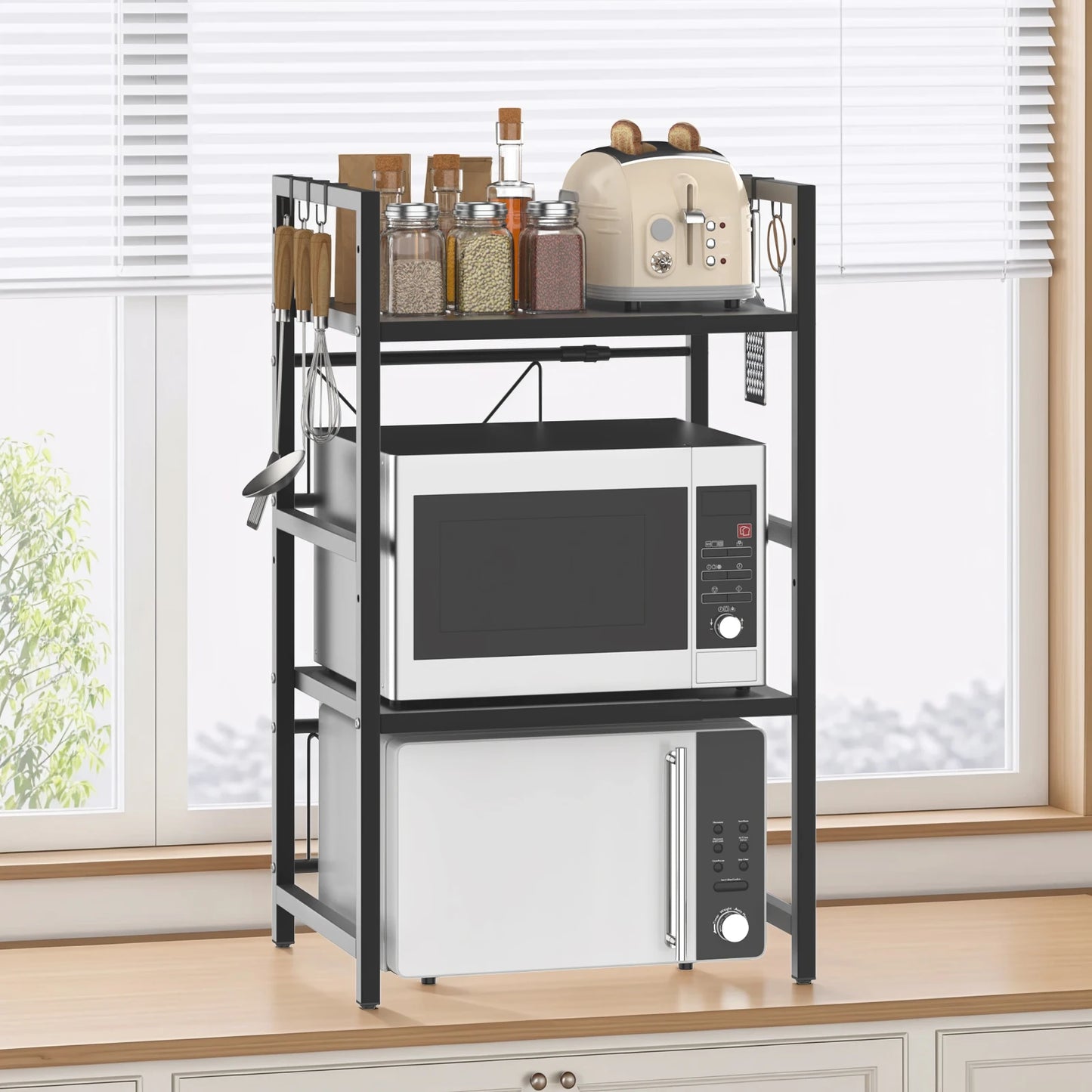 3 Tiers Expandable Microwave Oven Rack with 6 hooks, Microwave Shelf Stand, Carbon Steel for Pots Pans Rice Cooker