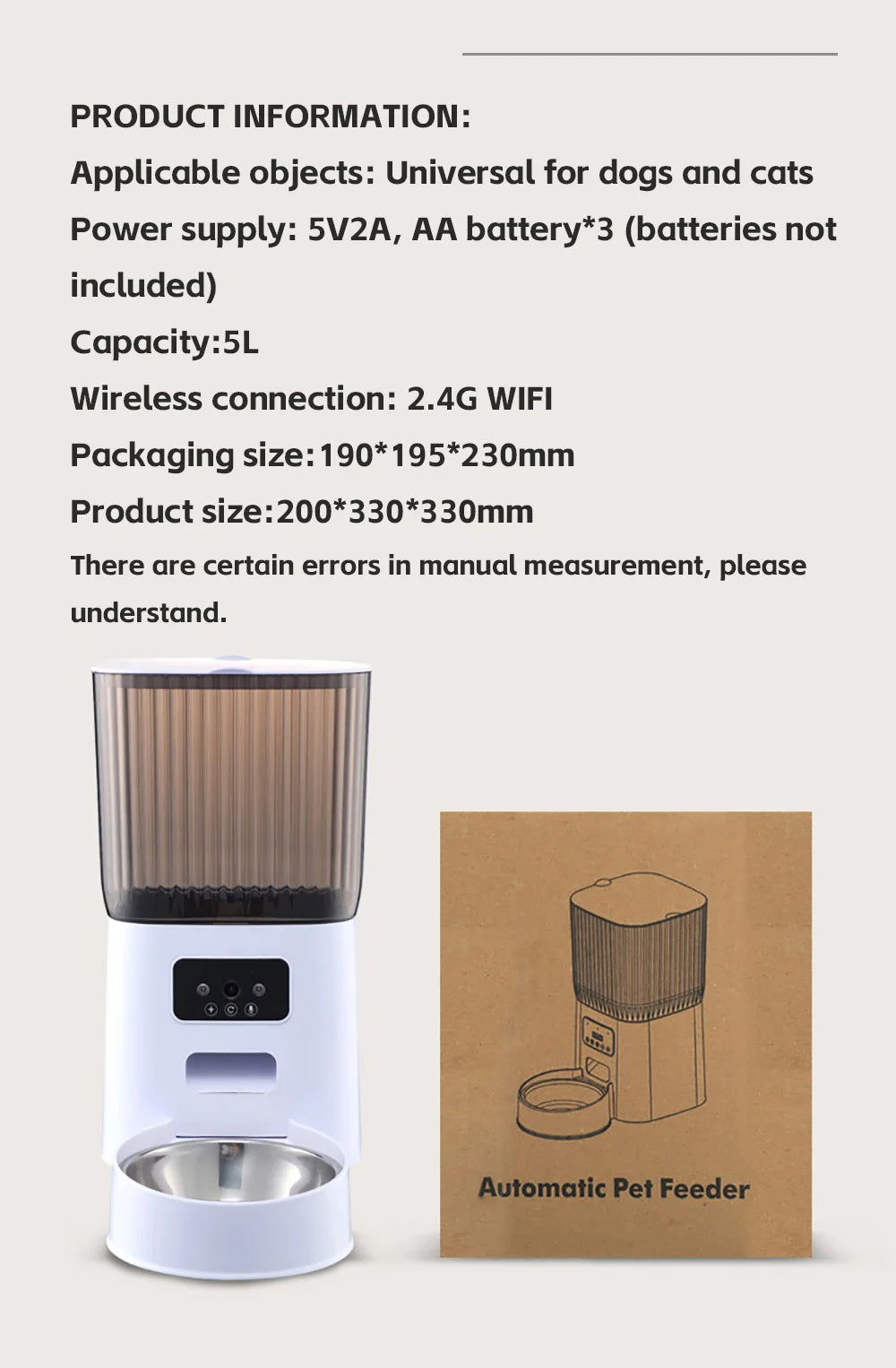 5L Smart Automatic Pet Feeder with Camera – WiFi Cat & Dog Food Dispenser with Timed Portions and Stainless Steel Bowl
