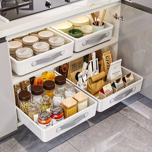 Kitchen Sliding Drawer with Slide Rail Cabinet Clothes Spice Dish Bowl Storage Rack Pull Out Cabinet Organiser Tray With Handle