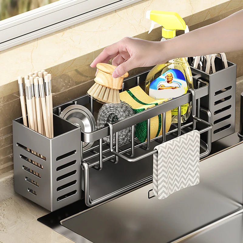 Stainless Steel Kitchen Sink Storage Rack, built-in Sponge Rack And Drainage Basket For Kitchen Cleaning And Storage