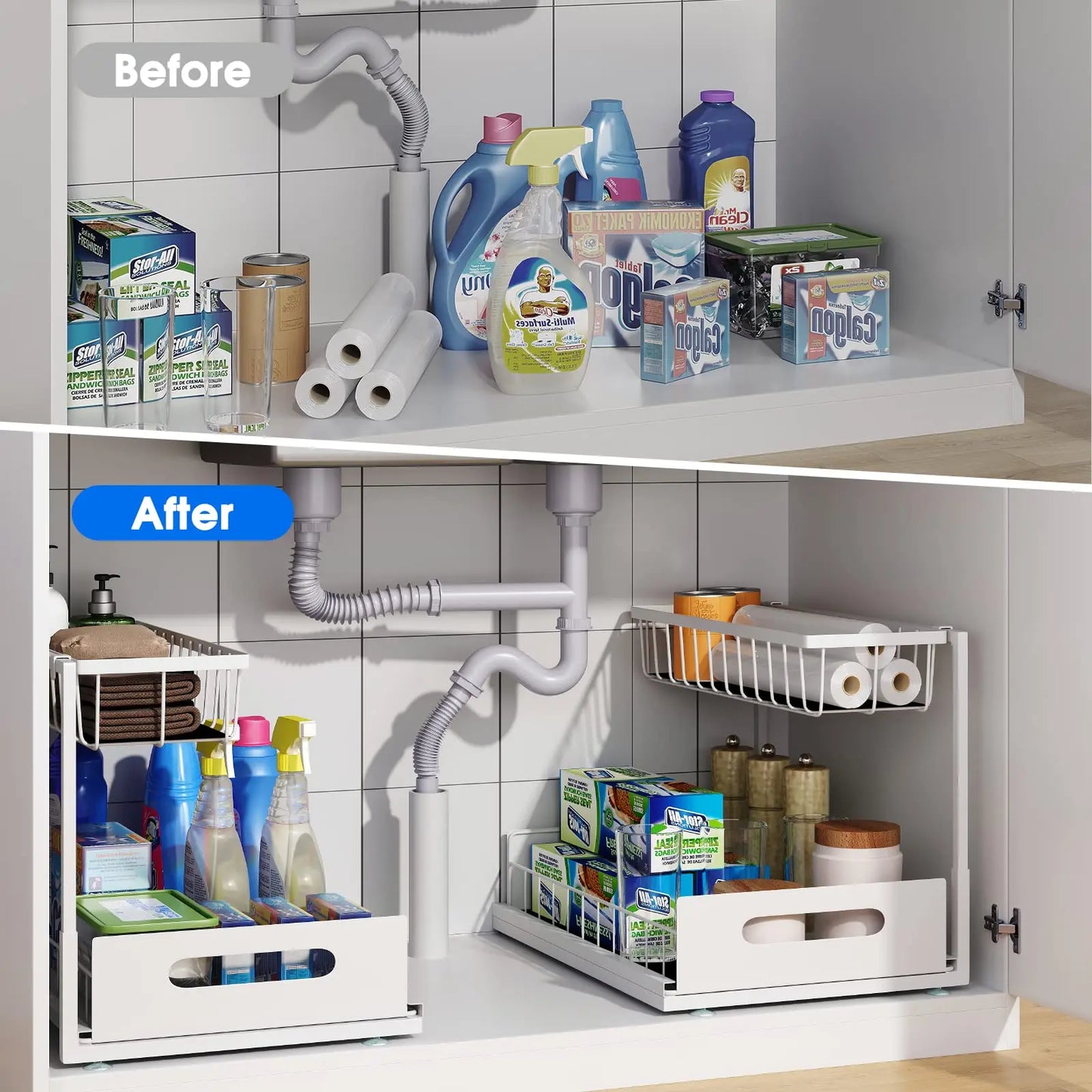 Under Sink 2 Tier Sliding Cabinet Basket Organiser Drawer Pull Out Cabinet Multi-Purpose  Sink Organiser for Bathroom Kitchen
