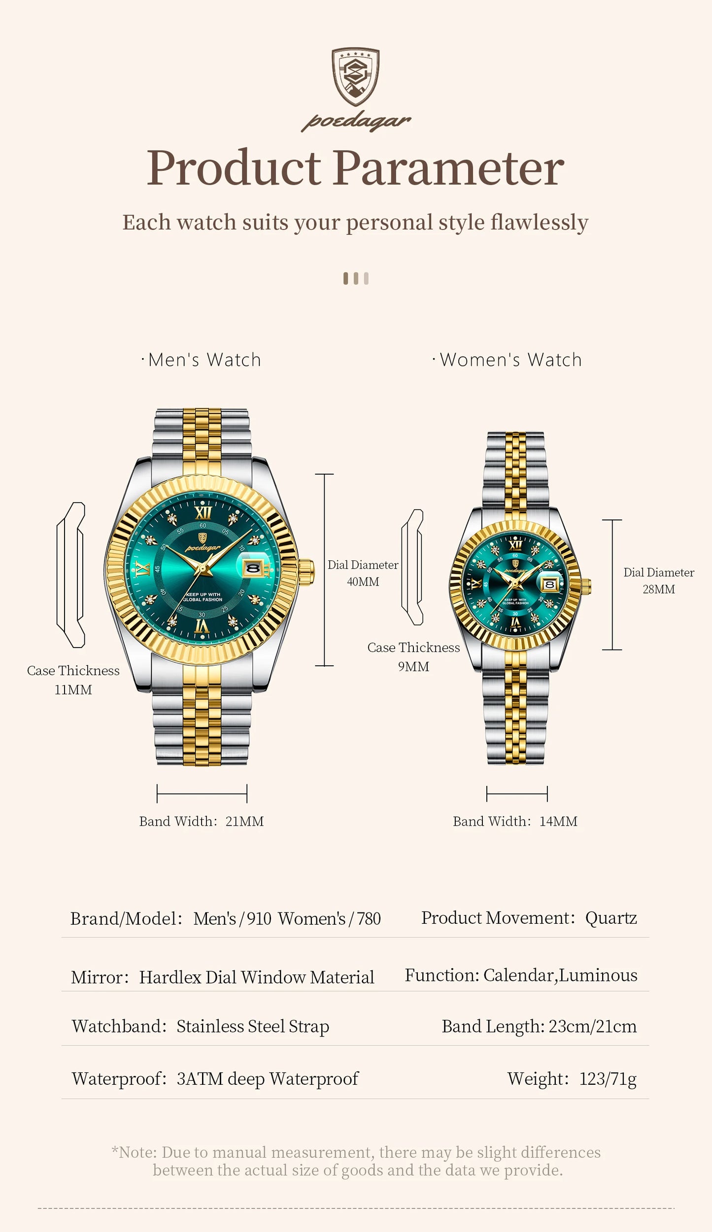 POEDAGAR Top Luxury Couple's Watches Luminous Date Classic Watches For Couple Quartz Stainless Steel Couple Watch Lovers Set+Box