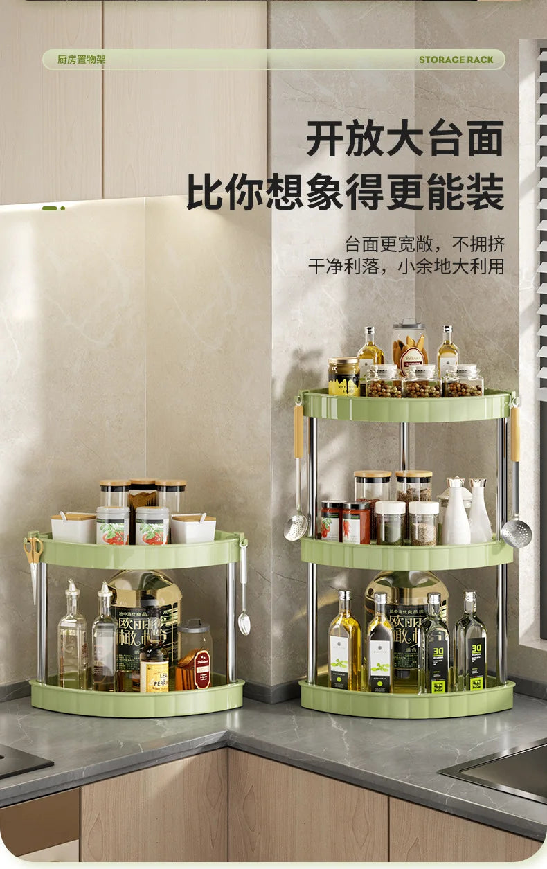 Kitchen Spice Rack Shelf Countertop Corner Multifunctional Seasoning Supplies Rack Saving Spice Rack Organiser with Hooks