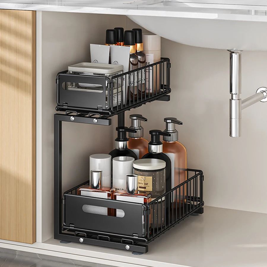 Pull-Out Under Sink Organiser, 2-Tier Adjustable Height Sliding Shelf for Kitchen/Bathroom Cabinet Storage, Black & White