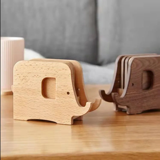 HeMu Cute Elephant Wooden Coaster Set Wood Heat-Resistant Drink Coasters with Holder, Decorative Table Pads for Kitchen, Dining