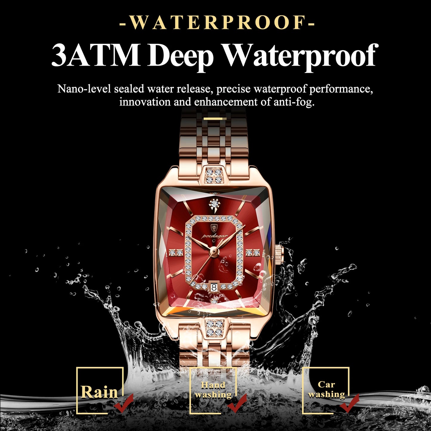 POEDAGAR Fashion High Quality Women Wristwatch Waterproof Date Ladies Watch Rectangle Stainless Steel Women's Quartz Watches+Box