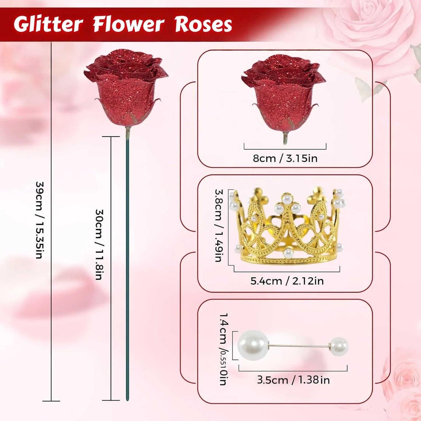 12/24pcs Red Glitter Roses Bouquet DIY Gift Set Everlasting Shiny Artificial Rose for Valentines Anniversary Engagement Wedding