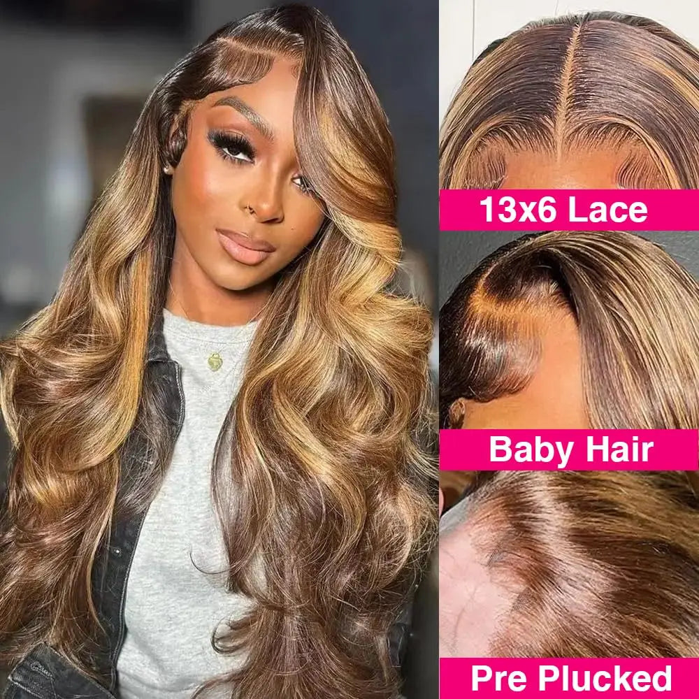 Ombre Lace Front Wig Human Hair 4/27 13x4 HD Body Wave Highlight Lace Front Wig Human Hair Pre Plucked Glueless Wigs Human Hair