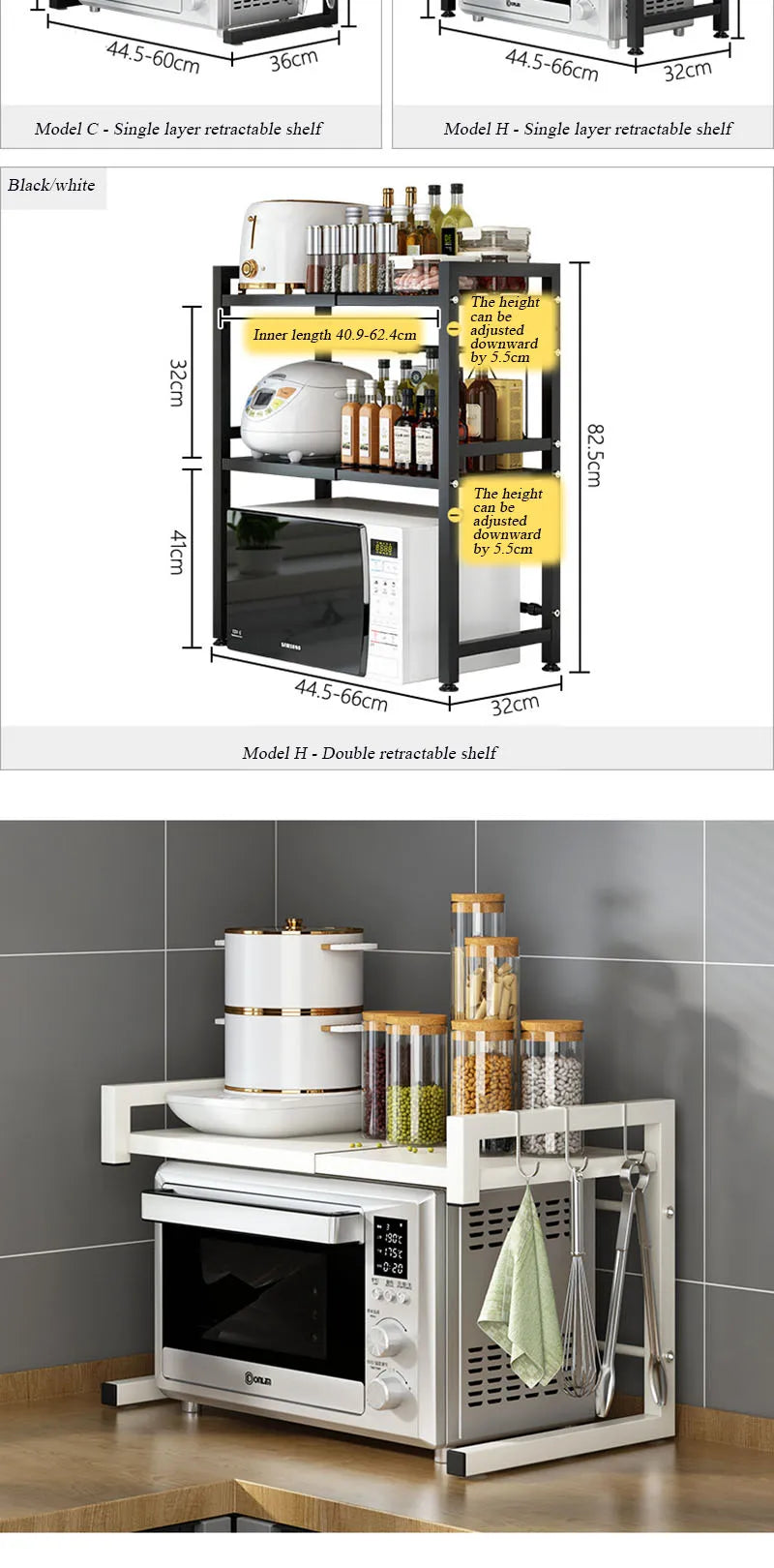 Retractable Multi-Functional Kitchen Rack Table Microwave Stove Rack Stove Cabinet Storage Rack Rice Cooker Storage Rack