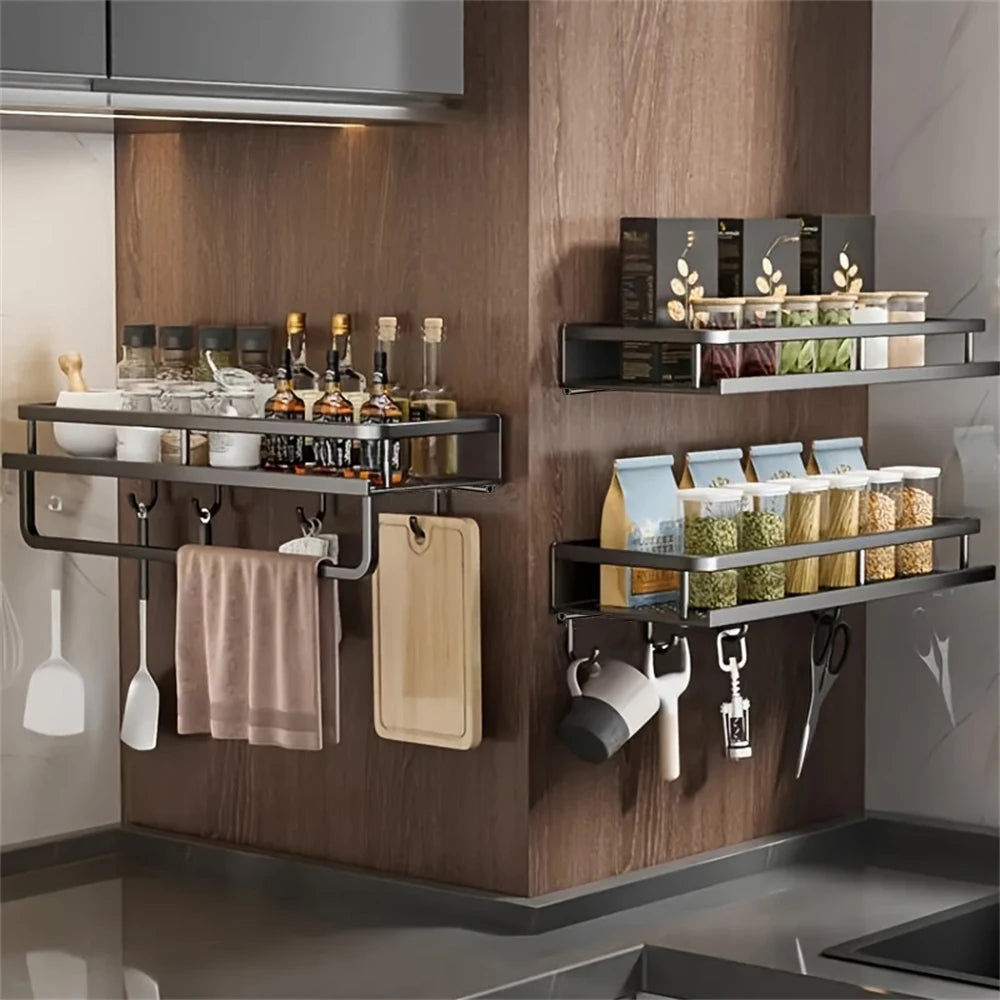 1 Multi-Functional Storage Rack With Rod Seasoning Rack Wall-Mounted Seasoning Storage Rack For Cooking Items