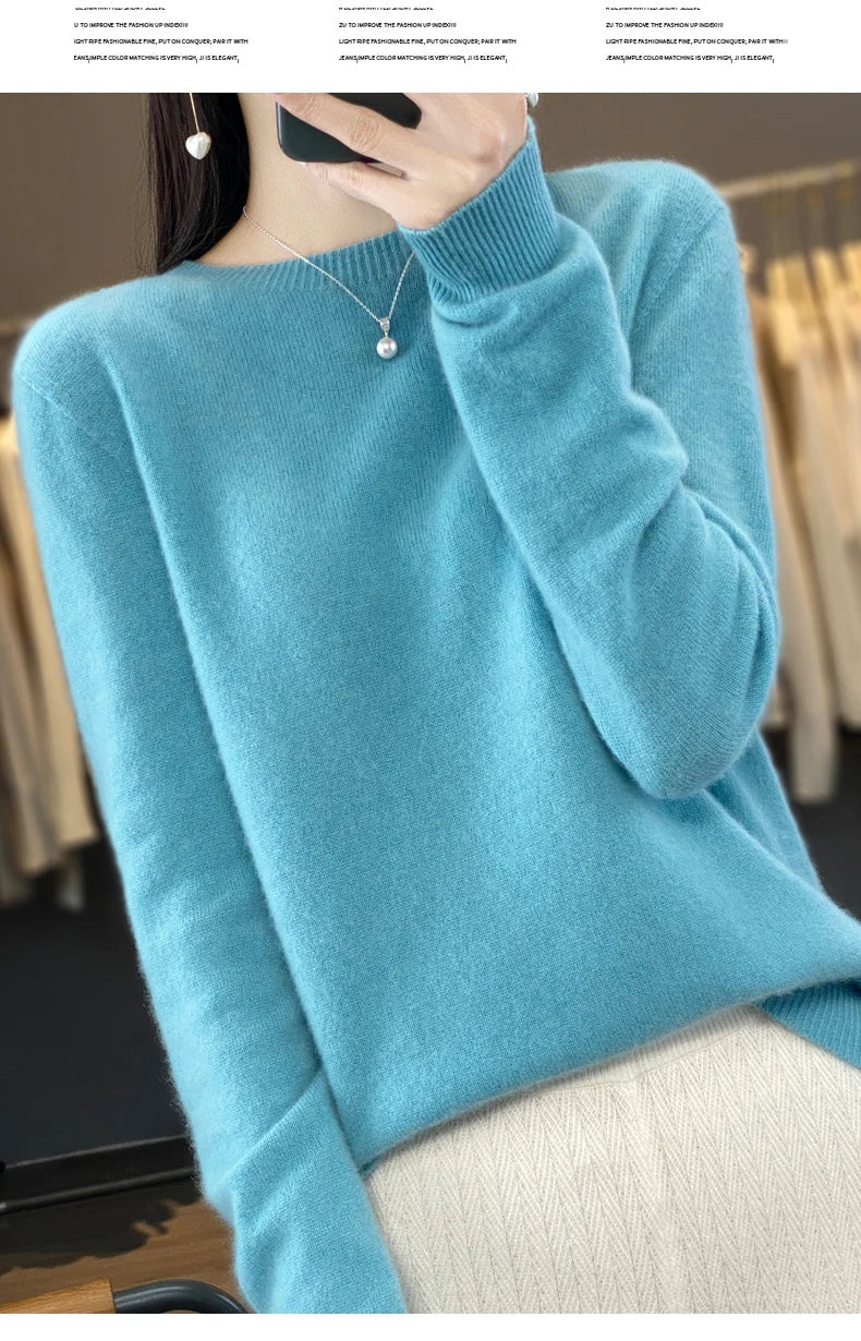 100% Merino Wool Women’s Sweater – Soft Cashmere-Feel O-Neck Pullover, Autumn/Winter Warm Knit Top (14 Colours)