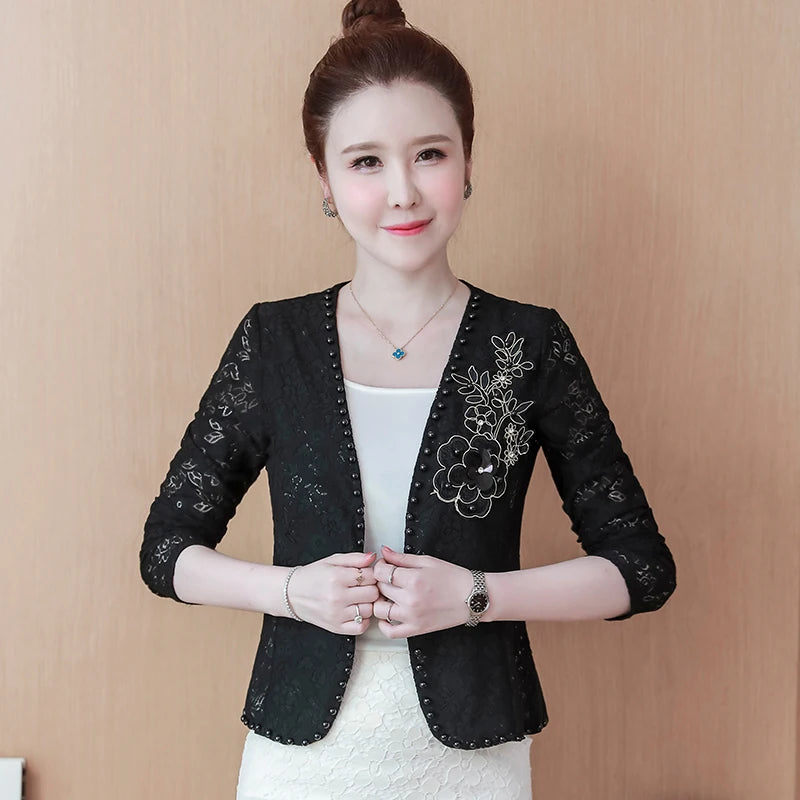 Short Lace  Long Sleeve Embroidery Cardigan