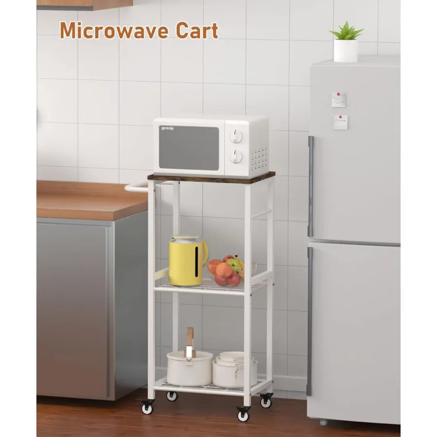 3Tier Rolling Kitchen Cart Microwave Stand on Wheel Movable Coffee Bar Cart with Metal Handle Bakers Rack with 8 Hooks Utility