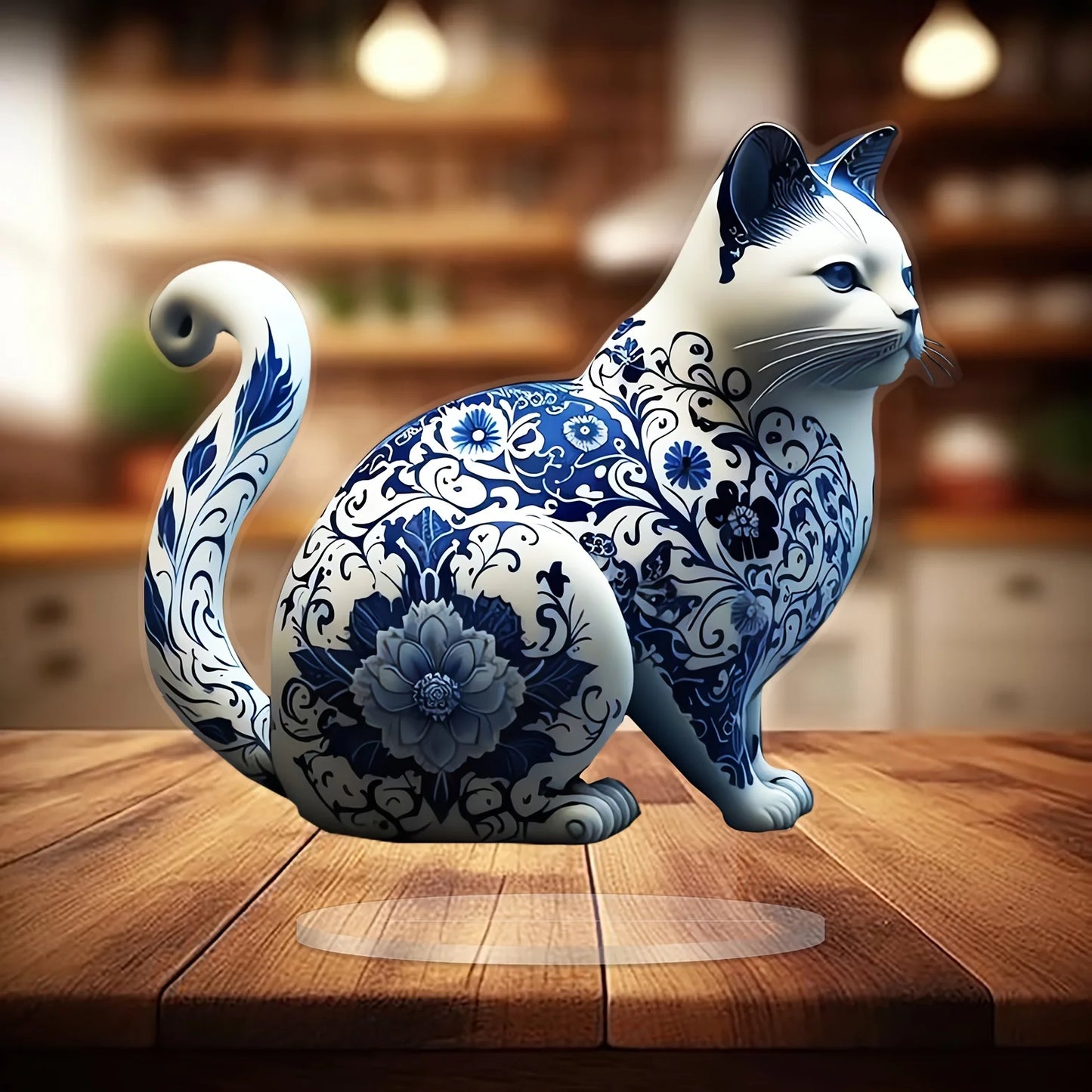 Fashionable Blue White Porcelain Cat Ornament With Acrylic Bracket - Waterproof Multi Functional Home, Office, And Cafe
