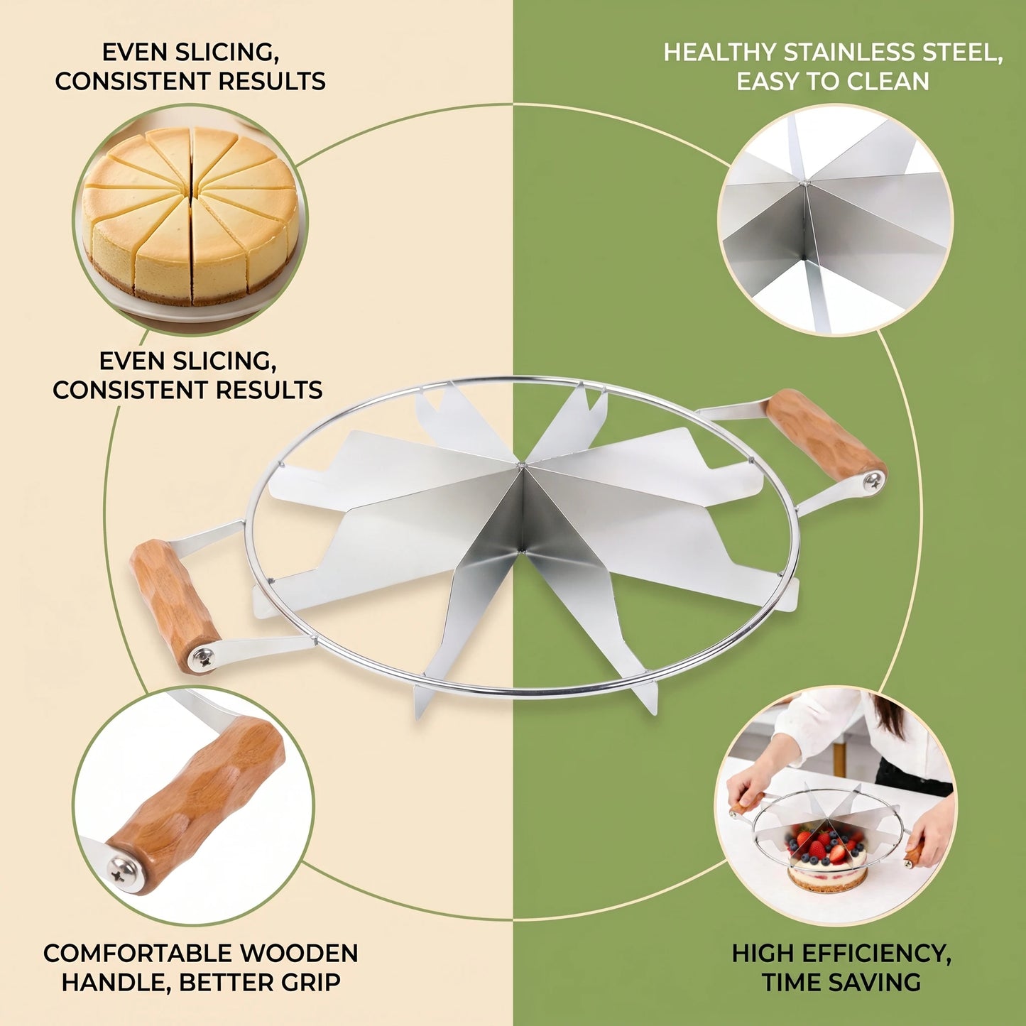 Stainless Steel Cake Slicer Divider with Wooden Handle, 6/10 Equal Portion Cutter for Pizza, Pie, Pastry, Baking Kitchen Tool
