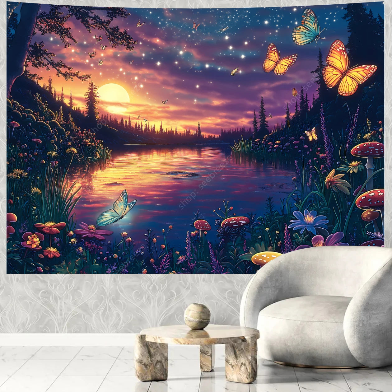 Butterfly Flower UV Reactive Tapestry Wall Hanging Hippie Boho Room Decor