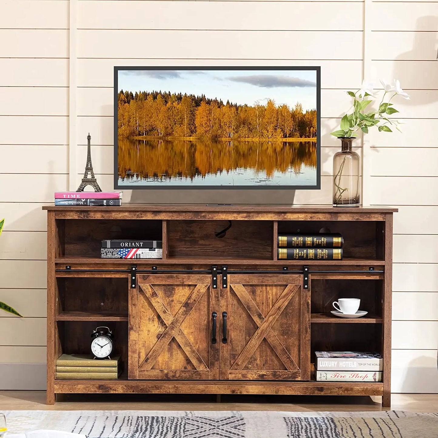 TV Stand Farmhouse Coffee Bar Cabinet Rustic Sliding Barn Door Storage Cabinet with Power Outlet & LED Light, 57" Wooden TV Cabi