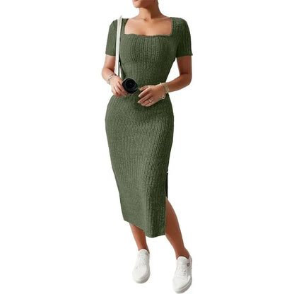 Short-Sleeved, Versatile Knitted Slit Dress