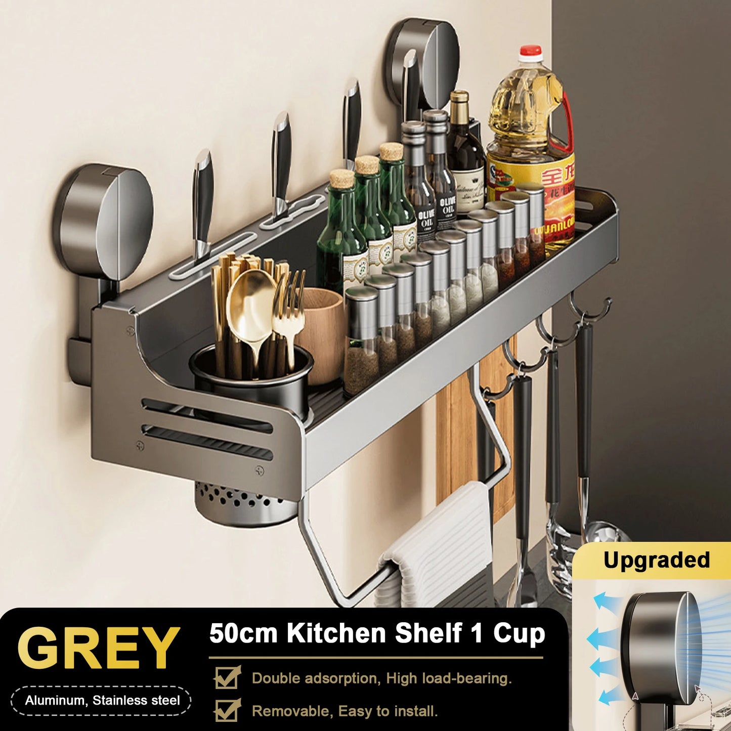 Suction Cup Kitchen Organiser Shelf Wall-mounted Spice Storage Rack Kitchen Knife Holder Wall Seasoning for Chopstick Spoon