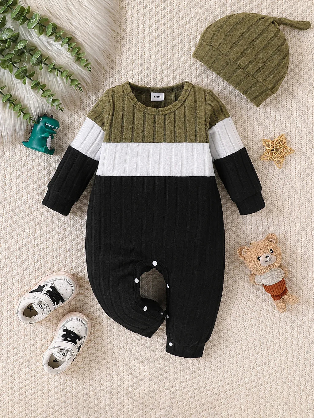 3 Colours Autumn Bodysuits Newborn Baby Boy Long Sleeve Colour Block Romper+Hat Simple Onesie Jumpsuit for Toddlers 1-18 Months