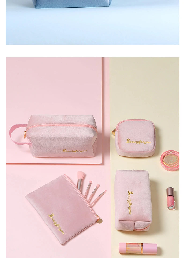 Plush Cosmetic Bag for Women – Large Zipper Makeup & Toiletry Travel Pouch, Solid Color Beauty Bag