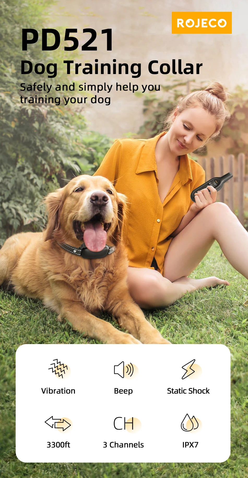 ROJECO Electric Dog Training Collar – Digital Rechargeable Remote with Bark Control, Waterproof, for Dogs