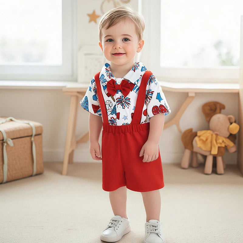 Toddler Boys Independence Day Outfits Short Sleeve Bowtie Romper Suspender Shorts Set Infant Clothing for 4th of July