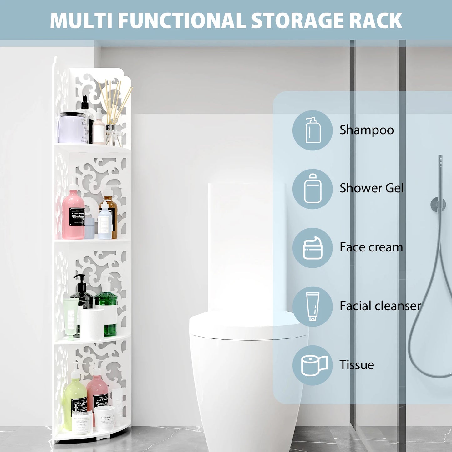 4 Tier Bathroom Corner Cabinet Storage Unit White, Floor Standing Shower Caddy Corner Shelf, PVC Waterproof Storage Organiser