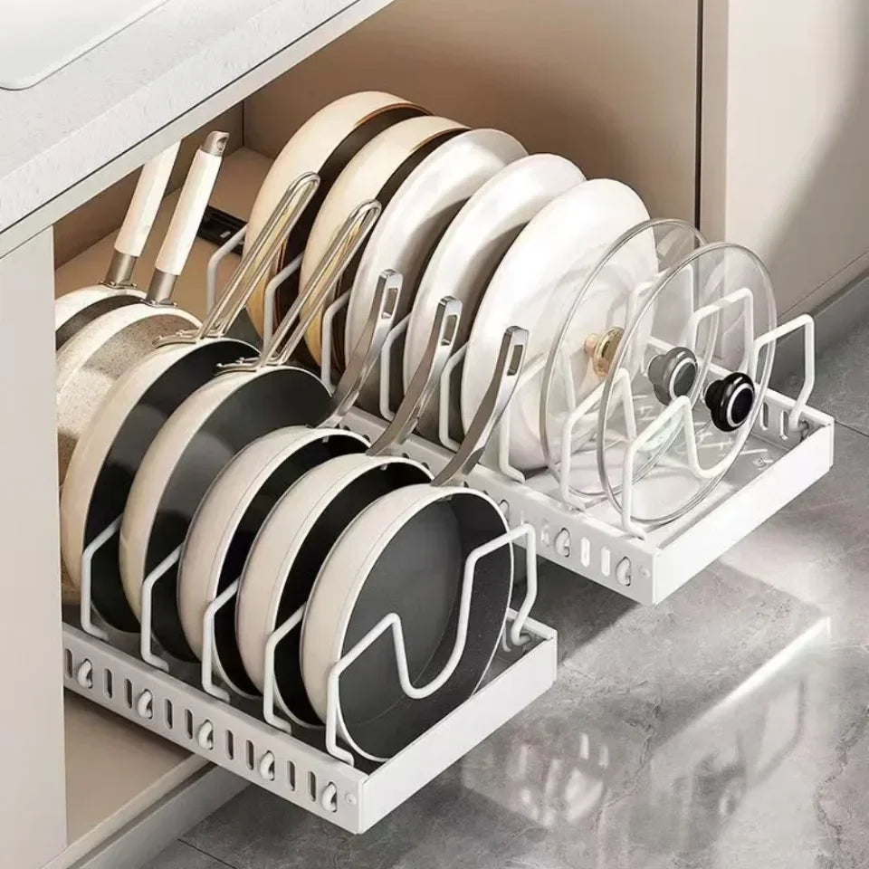 Trays Dishes Partition Shelf Pull Adjustable Slide Kitchen Pot Pan Drawer Cabinet Cookware Storage Utensil Organiser