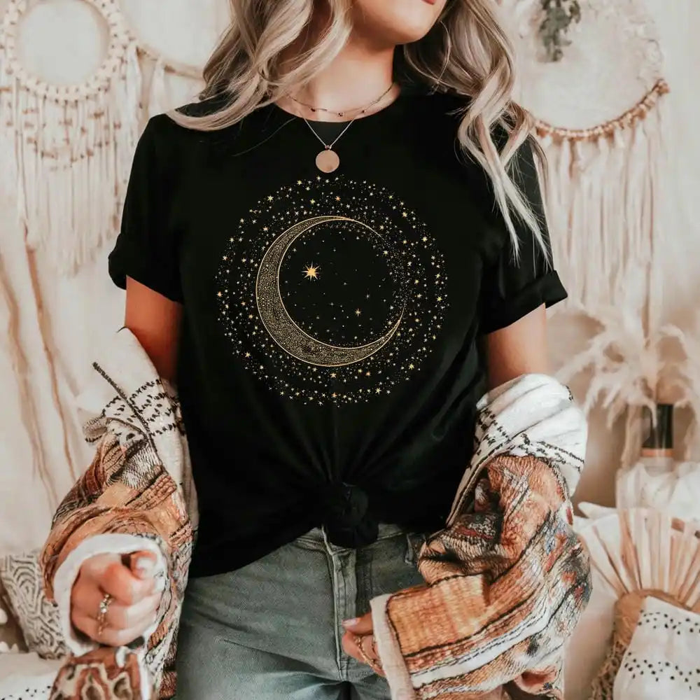 Gold Crescent Moon Celestial T-Shirt for Women -  Mystic Spiritual Tee