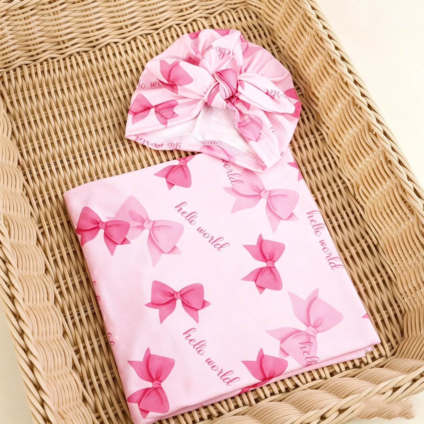 Ylsteed Newborn Photography Receive Blanket Newborn Bow Print Swaddle Blanket with Hat Bedding Infant Bath Towel Baby Items-HD