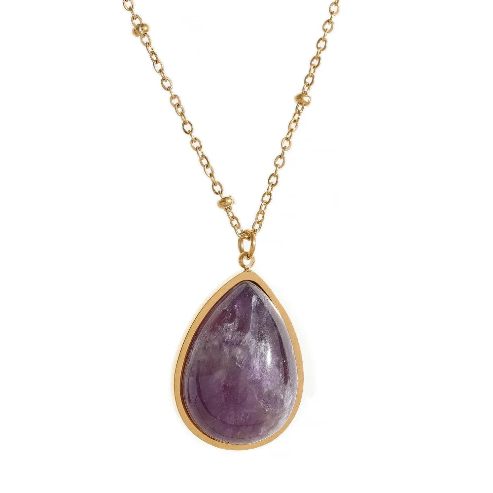 Yhpup Water Drop Amethyst Green Aventurine Natural Stone Necklace Stainless Steel Fashion Charm Pendant Jewelry Tarnish Free