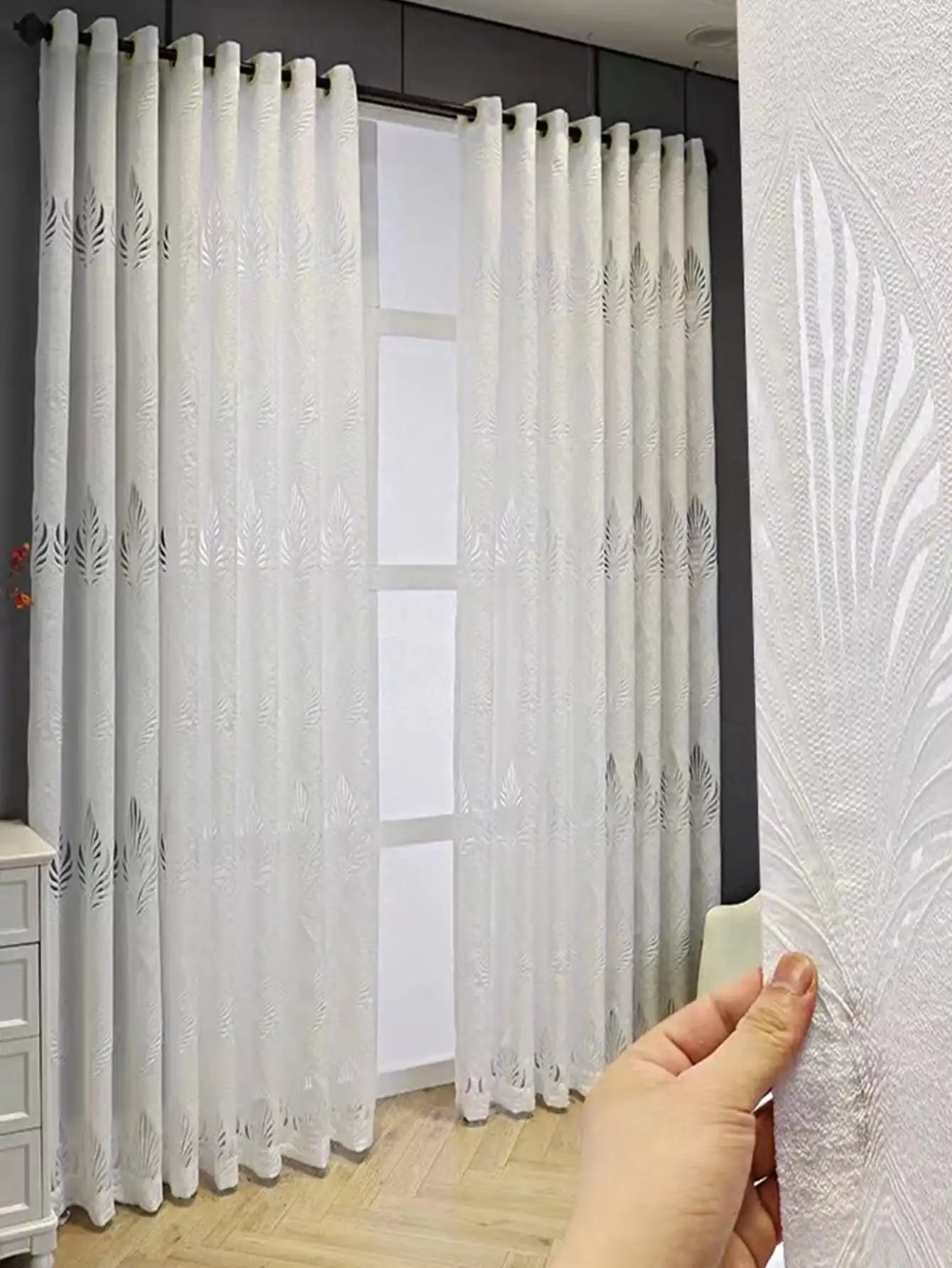 White GREY Embroidered European Style Thickened High-end Curtains for Bedroom Transparent Tulle for Living Room,Grommet Top,