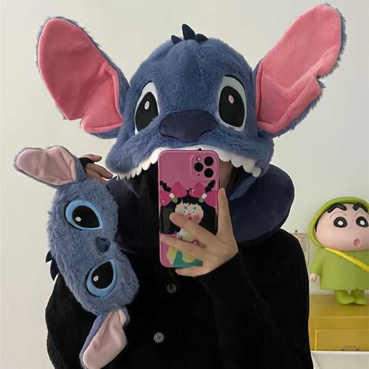 Comfortable Stitch Hooded U-shaped Pillow Cartoon Anime Travel Blackout Nap Neck Pillow With Hat Portable Eye Mask Sleeping