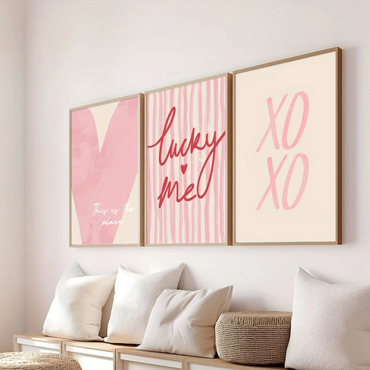3pcs/set Pink Striped Heart Lucky Me Canvas Print Y2k Preparatory Wall Art Poster Valentine's Day Coquette Aesthetics Home Decor