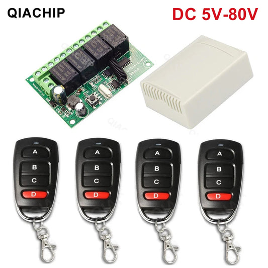 QIACHIP 4CH 433.92MHz Relay Module – DC 5V/12V/24V/48V 10A Wireless Remote Control Switch for EV1527, DC Motor DIY