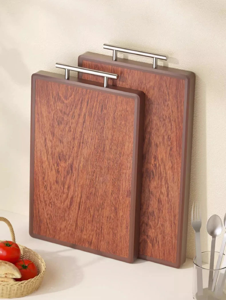 Heavy Duty Wooden Cutting Board with Mold-Proof Edge, Double-Sided Butcher Block with Metal Handle, 90-Day Dried Solid Wood