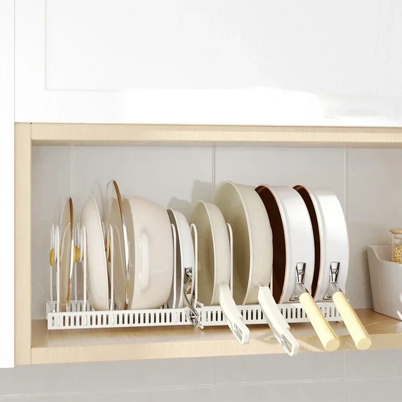 Pot Rack Bowl and Plate Storage Rack Multi-layer Retractable Adjustable Carbon Steel Pan Dish Drying Cookware Rack Kitchen Tools