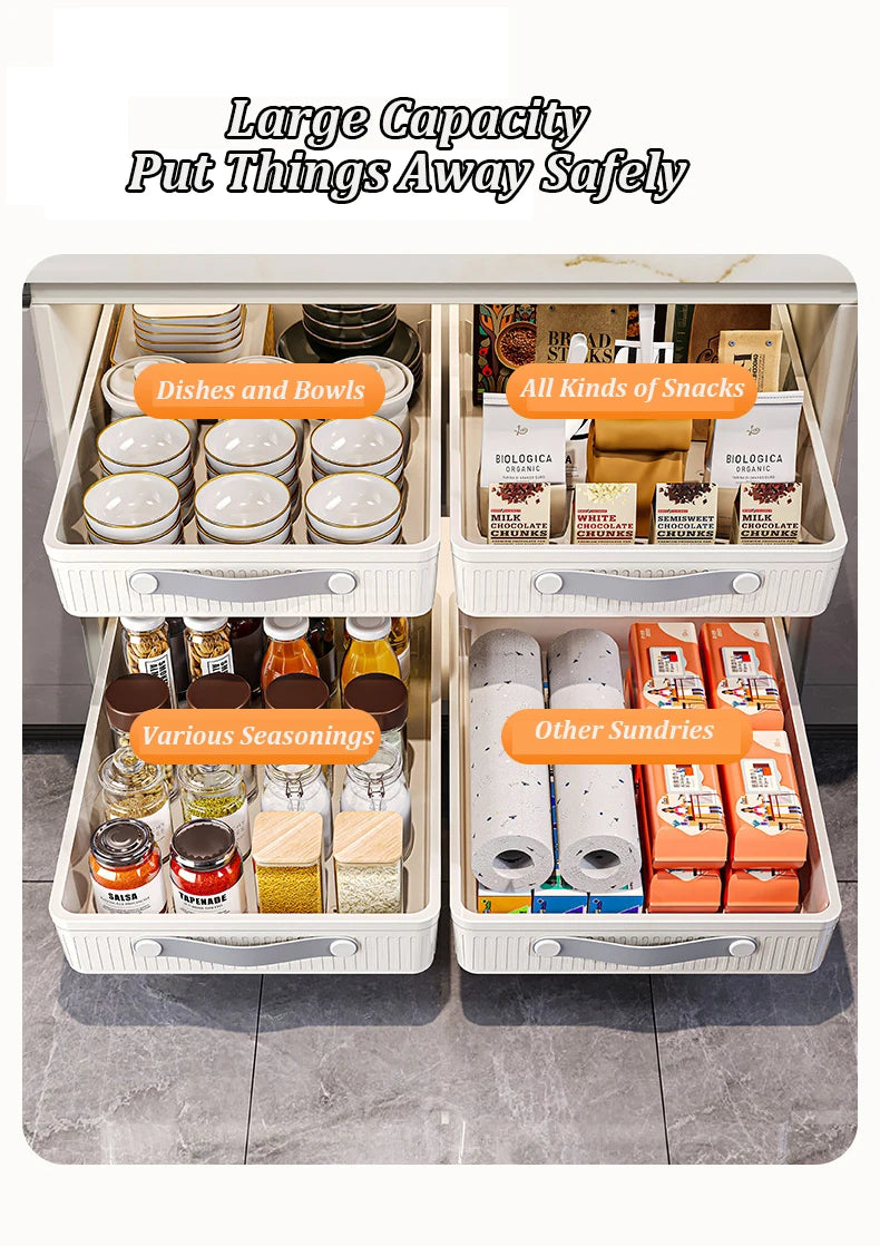 Kitchen Sliding Drawer with Slide Rail Cabinet Clothes Spice Dish Bowl Storage Rack Pull Out Cabinet Organiser Tray With Handle