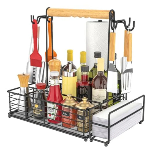 Large Grill Caddy with Paper Towel Holder Side Hooks Utensil Holder Wooden Handle Storage BBQ Tools for Picnic RV Patio Camping