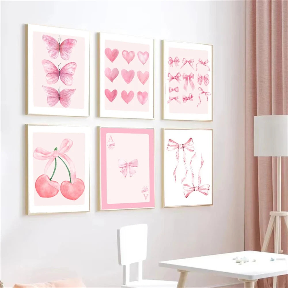 Trendy Pink Bows Preppy College Watercolor Bows Coquette Girly Poster Print Wall Art Pictures Canvas Painting Room Home Decor