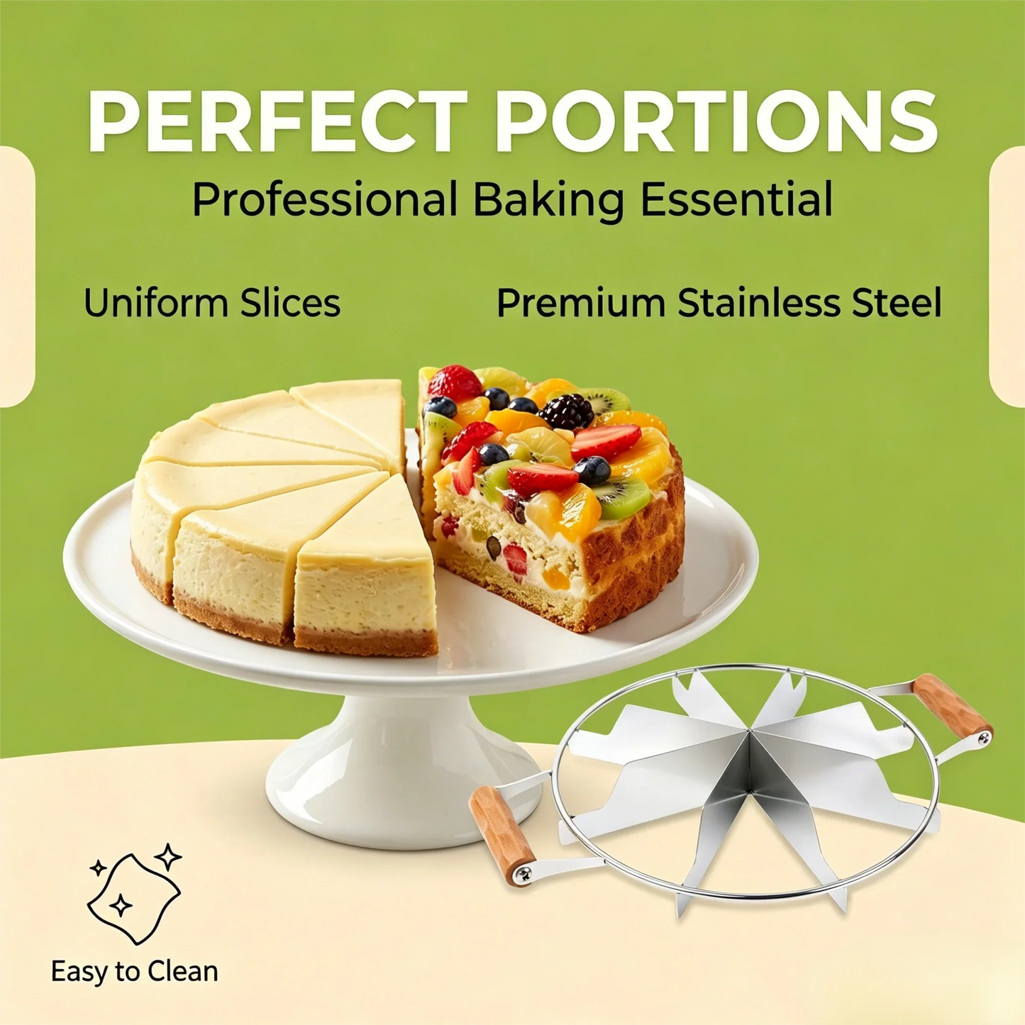 Stainless Steel Cake Slicer Divider with Wooden Handle, 6/10 Equal Portion Cutter for Pizza, Pie, Pastry, Baking Kitchen Tool