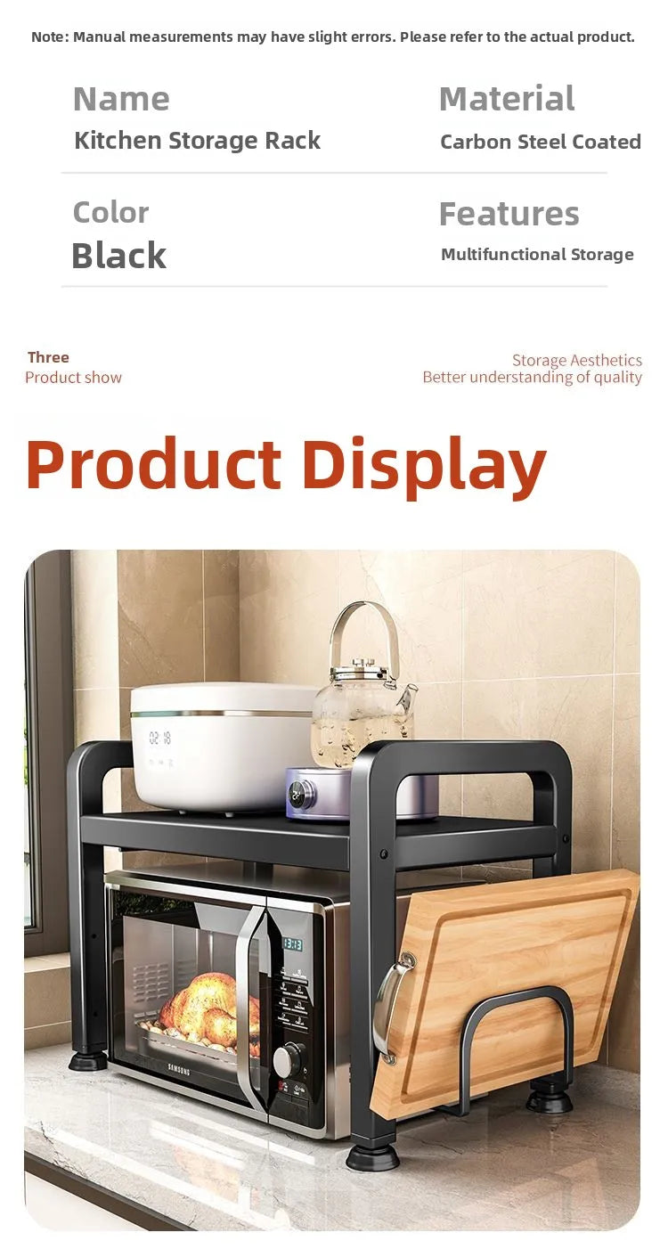 Kitchen Microwave Oven Rack Double Layer Expandable Multi Functional Home Appliance Storage Shelf Carbon Steel No Installatio...