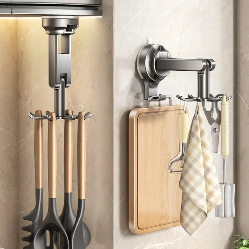 Kitchen Suction Wall-mounted Multi-functional Storage Rack, with Integrated Storage Featuring No-drilling and Rotatable Hooks